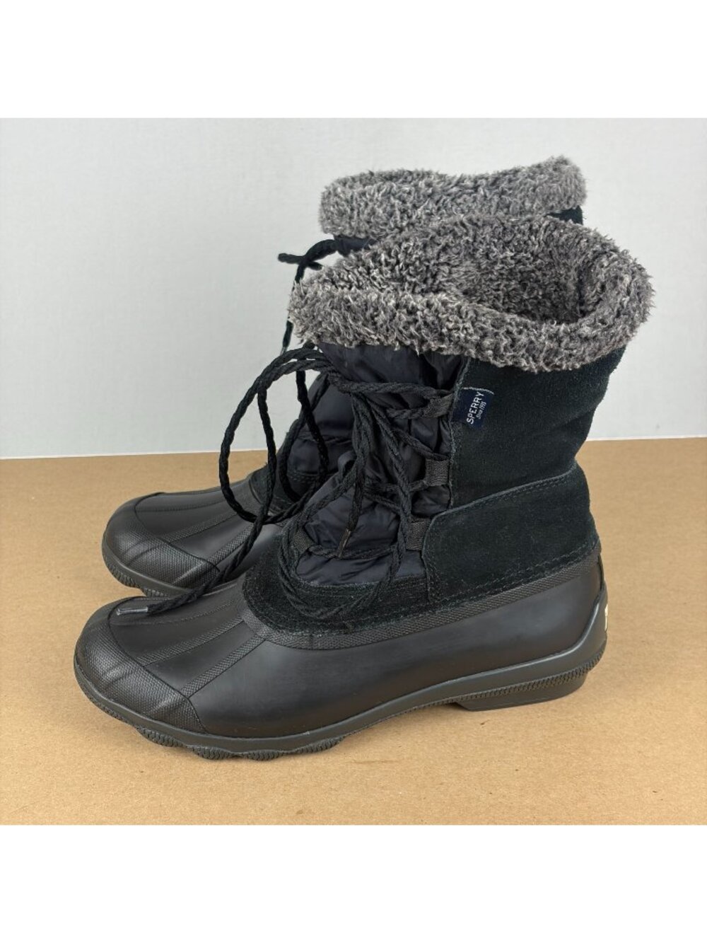 Sperry Syren Strait Quarter Duck Boots Womens 8 Black Suede Faux Fur Lace Up